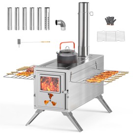 Hot Tent Stove, Camping Wood Stove for Tent, Portable Stainless Steel Wood Burning Stove with 7 Chimney Pipes for Wall Tent Camping, Cooking, Ice Fishing, Hunting, Boiling Water