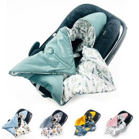 BABEES© Padded Swaddling Blanket with Filling for Baby Car Seat, Universal, V Warm Minky VBaby Blanket with Velcro Fastening for Prams, Baby Carriers, Baby Cot, Velvet, Eucalyptus, Classic