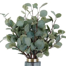 HinyoCo 6 Pcs 35 Inch Tall Stems Artificial Eucalyptus Leaves，Faux Silver Dollar Eucalyptus Leaf Branches in Grey Green for Home Party Wedding Decoration