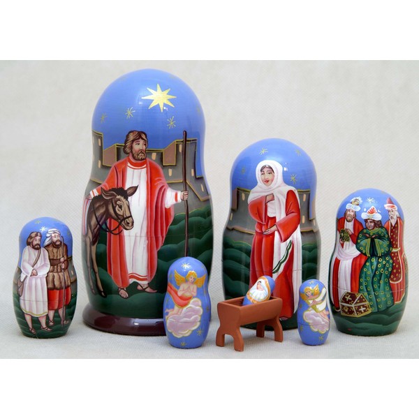 Manger Scene Russian Nesting Doll 7pc./6" Nativity Christmas Bible Story