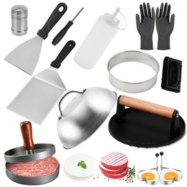 QONESSMAO Wooden Round Heavy-Duty Cast Iron Burger Machine,Blackrock Camp Pitboss Weber Barbecue Machine,200 Meat Patty Paper Set | Non Stick Burger Mold Gift,Outdoor Teppanyaki Burger Meat Press