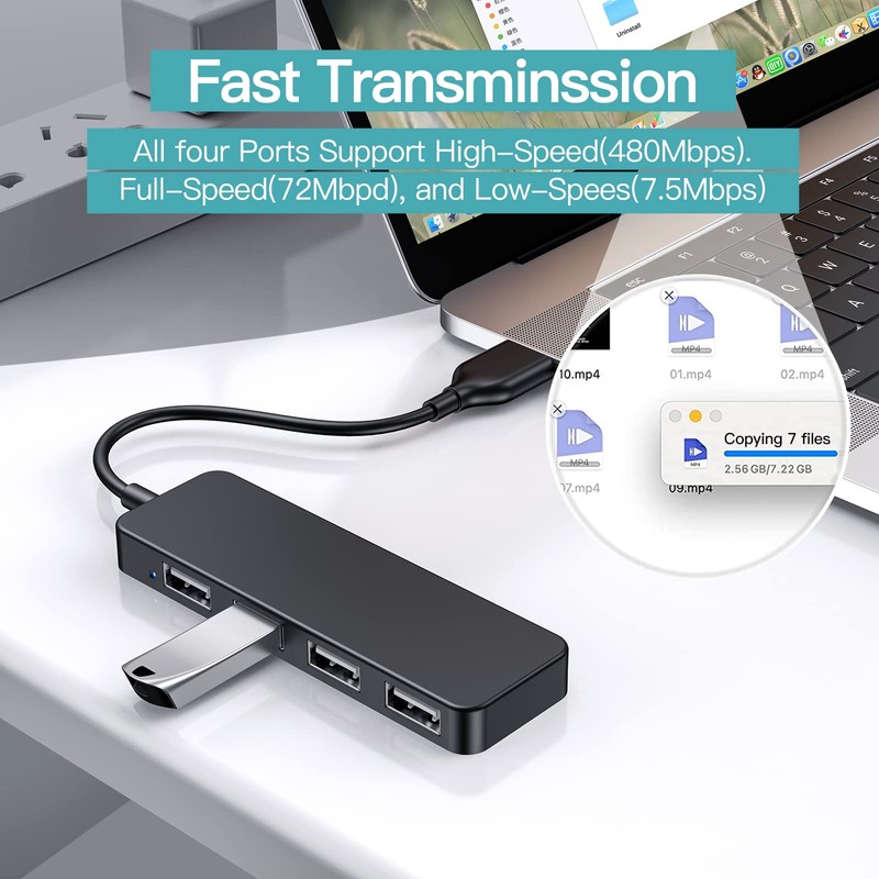USB Hub, 4-Port USB 2.0 Hub Ultra Slim Portable USB
