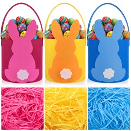 Moukeren 3 Pcs Easter Bunny Felt Basket Colorful Rose Red Blue and Yellow Easter Basket Bucket with Handle and Raffia Paper Ribbon for Easter's Egg Hunts Gifts and Candy Surprises Decorations