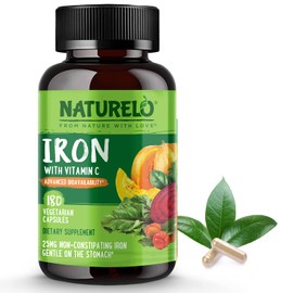 NATURELO NATURELO Vegan Iron Supplement with Vitamin C and Organic Whole Foods - Gentle Iron Pills for Women & Men with Iron Deficiency Including Pregnancy, Anemia and Vegan Diets - 180 Mini Capsules