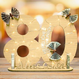 Qunkun Geldgeschenke Geburtstag, Geschenke zum 80 Geburtstag Frau Mann, 80 Geburtstagszahlen Holz Schild Gästebuch mit LED Lichterkette, Kreatives Geldgeschenke, Geburtstag Deko für Freunde/Familie