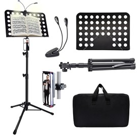 Sheet Music Stand with Light & Phone Holder, 57" Music Stand for Sheet Music High Stability, Height Adjustable Music Sheet Stand with Carrying Bag, Portable Music Book Holder (33-57inch)