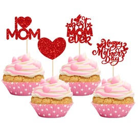 24 piezas de decoración para magdalenas para el día de la madre, purpurina roja para la mejor mamá jamás, decoraciones para tartas de corazón, amor y mamá, para feliz día de la madre, cumpleaños, fiesta, decoración de pasteles