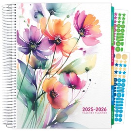 Aug 2025-Jul 2026 Deluxe Teacher Planner Notebook 8.5x11 Daily Weekly Monthly Organizers with 7 Periods, Pocket Folder, Dated Calendar, Page Tabs, Bookmark and Planning Stickers (Rainbow Floral)