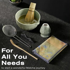 Matcha Whisk Set, Yakiter 7 Pcs Matcha Set Kit for Matcha Lover, Japanese Matcha Tea Set with Whisk, Bamboo Scoop, Whisk Holder, Tea Cloth, Tea Scoop Stand, Match Bowl with Spout(Green)