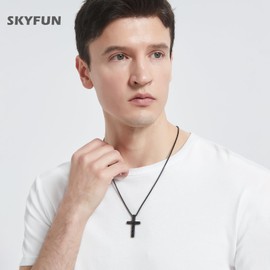 SKYFUN Cross Necklace for Men American Flag Bible Verse Cross Pendant Christian Faith Necklace Religious Easter Baptism Jewelry Gift, Black 1:9-BE STRONG AND COURAGEOUS
