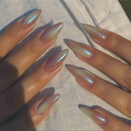 Spring Chrome False Nails Almond, SXVME Chrome Press On Nails Medium, Glazed Gel Fake Nails Press on, Cute Glitter Acrylic Nails Medium Stiletto, Natural Stick on Nails for Women Nail Art, Colorful