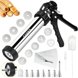 QXQXIN Churro Gun Kit Machine, Stailness Steel Churrro Maker with 4 Discs for Hollow Churro,5 Cookies Discs, 6 Icing Piping Nozzle, Piping Bag, 2 Clean Brushes for Christmas, Thanksgiving, Birthdays
