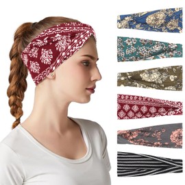 YARIEW 6Pcs Boho Headbands Head Bands Sweat Band Hair Wrap Headwrap Fashion Boho Wide Thick Workout Yoga Elastic Headbands Mens Cooling Running Sports Headband Sweatbands for Women