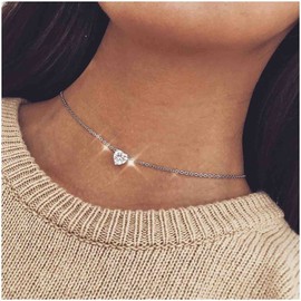 Cimenexe Bohemian Crystal Heart Necklace Choker Silver Love Heart Choker Necklace Rhinestone Collar Choker Necklaces Minimal Clavicle Chain Necklace Jewellery for Women and Girls