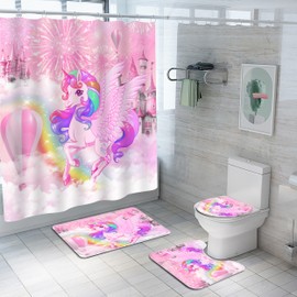 Planially 4Pcs Unicorn Kids Shower Curtain Set with Memory Bath Mat, Non-Slip Bathroom Rugs and Toilet Lid Cover, Waterproof Pink Shower Curtain Set with Hooks, Girls Kids Bathroom Decor Sets