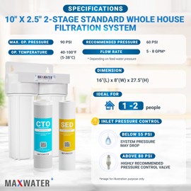 Max Water 2 Stage (Sediment, Odor & Improving Taste) Whole House 10 inch, Standard Water Filtration System - White Housing - Sediment + CTO - ¾ Inlet/Outlet