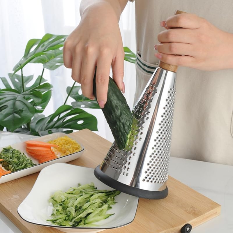 Ciieeo Stainless Steel Vegetable Grater with Wooden Handle - 3-Sided