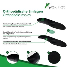 Green-Feet Orthopaedic Insoles Further Designed For Lower Arch Foot Splayfoot Heel Spur (✅ Maximum Support) - black/green, size: 39/40