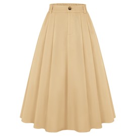 Belle Poque Women Midi Skirt Business Casual Work Dance High Waisted A Line Pleated Skirts with Pockets Khaki L