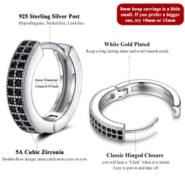 Small Silver Hoop Earrings for Women Men | Sterling Silver Earring Post Double-row Cz Cubic Zirconia Pave Huggie Hoops Cartilage and Helix Earrings, Piercings Jewelry (Black-12mm)