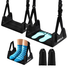 2 Pack No-Collapse Airplane Foot Hammock–Adjustable Foot Hammock for Plane Travel with Thick Bamboo Base, Lightweight Travel Footrest for Office, Flights(Black)