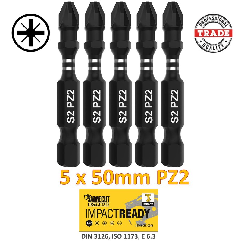 5 x SabreCut SCPZ250_5 50mm PZ2 Impact Screwdriver Driver Bits
