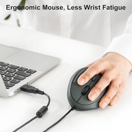 Sanwa Wired Left Handed Ergonomic Mouse, Optical Vertical Mice for Small Hands, Reduce Wrist Strain,1000/1600/2400/3200 dpi, 6 Buttons, Compatible with Laptop, Desktop, Windows, Mac, Black