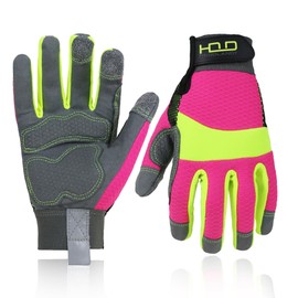 HANLANDY Womens Safety Work Gloves Hi-vis Reflective Pink, Anti Vibration Gloves, Breathable Mechanic Yard Work Gloves (Hi-vis Pink&Green, Large (Pack of 1))