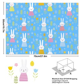 Bunny Rabbit Happy Birthday Wrapping Paper for Kids Baby Girls 4 Sheets, 28 x 20 Inch Per Sheet , Folded Flat Blue Gift Wrap for 1st Birthday Party Baby Shower Easter Christmas Kindergarten and More Occasion