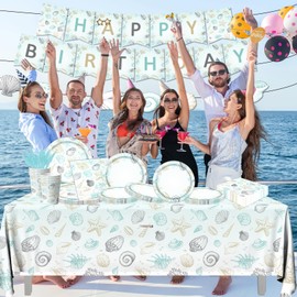 Seashell Beach Theme Party Decorations-142pcs Beach Seashell Plates and Napkins Ocean Nautical Theme Plates Tableware Seashell Tablecloth for Summer Bash Beach Wedding Birthday Party Supplies