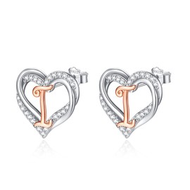 INFUSEU Initial Earrings for Women Letter Jewelry Small Heart Shaped Ear Studs Sterling Silver 925 Cute Gifts Her Birthday Mother Daughter Wife Girlfriend Cubic Zirconia CZ Alphabet Monogram I