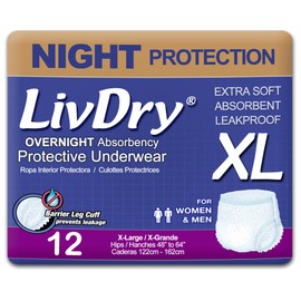 LivDry Adult XL Incontinence Underwear, Overnight Comfort Absorbency, Leak Protection, X-Large, 12-Pack