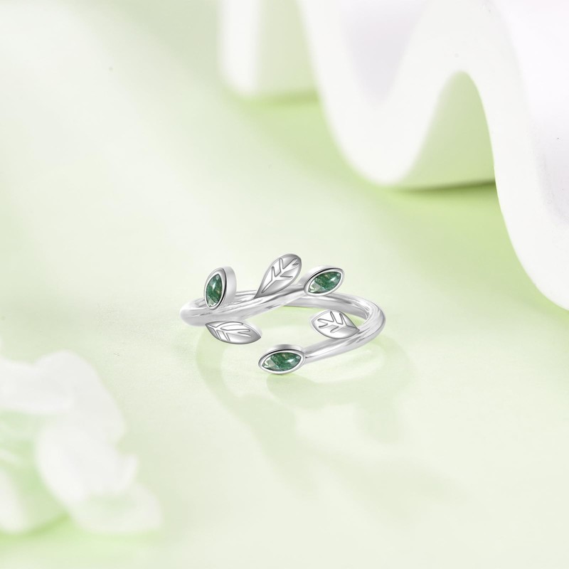 Leaf Ring Sterling Silver Moss Agate Leaf Adjustable Open Rings