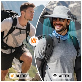 Solar Fan Hat, Wide Brim Sun Hat with 2 Built-in Solar Fans, UPF 50+ Sun Protection Outdoor Fishing Hiking Camping Beach, Light Grey, One Size