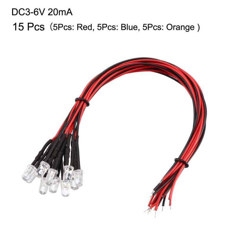 uxcell 15pcs Red-Blue-Orange 5mm LEDs Prewired Light DC3-6V 20cm Pre