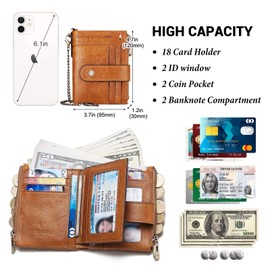 gzcz Brown Leather Wallet for Men with Chain Rfid Blocking Double Zipper Bifold Card Holder Coin Pocket