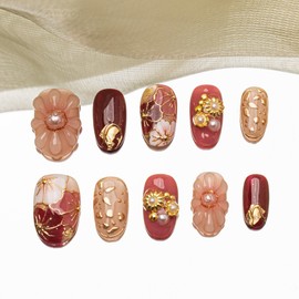 Sun&Beam Nails Handmade Nail Tips Short Oval Red Pink Gold False Nails 3D Flower Japanese Pattern Design Stylish False Nail Pack of 10 (#210L)