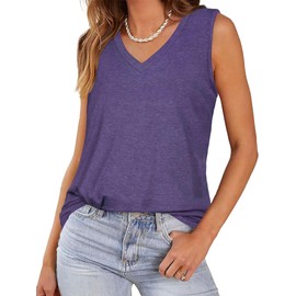 Women V Neck Tank Top Sleeveless Blouse Solid Color Tunic Summer Workout Tee Shirts (Purple,XL)