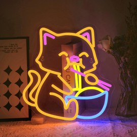 Virlusy Cat Ramen Neon Sign for Wall Decor Dimmable Led Lights Signs Cat LED Signs for Home Bar Yellow Noodles Neon Light Room Decor for Bedroom Kitchen Restaurant Gift USB Powered