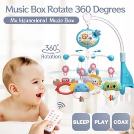 Mini Tudou Baby Mobile, Mobile Baby Bed with Timing Function and Star Projector, Remote Control Music Box with Music & Light, Animal Rattle Teether for Newborns, Gift Baby Toy for 0-24 Months