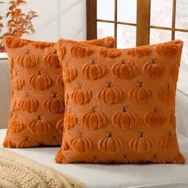 Softalker Fall Decorative Throw Pillow Covers 18 x 18 Inch Set of 2, Thanksgiving Autumn Harvest Pumpkin Faux Fur Cushion Covers,3D Embroidered Pillow Cases For Couch Bedroom Living Room Decor,Caramel