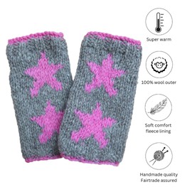 Pachamama Women Wool Hand Wrist Warmers Fleece Lined Handknitted Star Design One-Size Handmade Extra Warm Fair Trade (Grey)