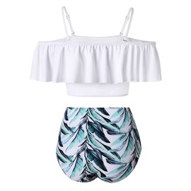 Kaei&Shi Strapless,Strappy Swimwear,Flower High Waisted Flounce Bikini Set,Tummy Control Swimsuits for Women,Off Shoulder Bathing Suit White Small