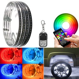 UWDESY 17in RGBW Wheel Ring Lights w/Brake Function, White Courtesy Light, Waterproof Wheel Well Rim Tire Lights With Wireless RF Remote App Control for Truck SUV Car