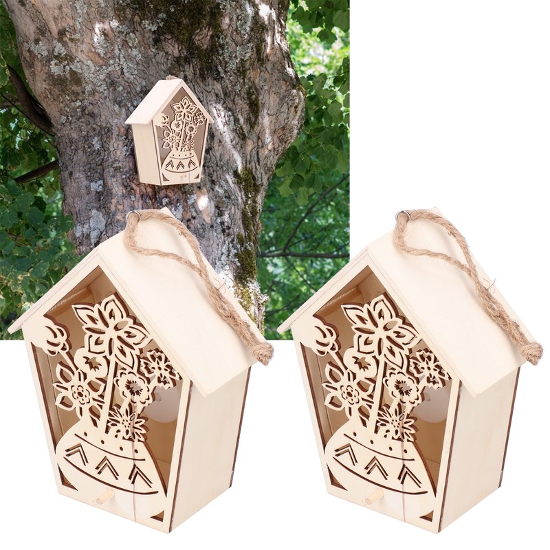 2Pcs Bird House with Warm Light Hollow Flowers Patterns Bird