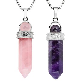 Kyeygwo 2 Piece Healing Stone Dot Pendant Necklace for Men and Women, Hexagon Silver Plated Reiki Chakra Polished Stone Pendant for Unisex, 18 carat white gold plated., multicoloured