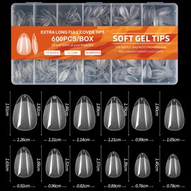 Almendra Corto Uñas Tips, 600Pcs, 12 Tamaños Pre-Formado Medio Mate Fake Claro Gelly Tips, para uñas Extensión DIY Salón de Uñas(600pcs)