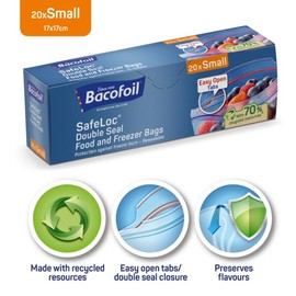 60 x Double Seal Food Storage and Freezer Bags with Easy Open Tabs, Extra Thick Film, Prevent Leaks and Freezer Burn, Reusable and Resealable, BPA Free (3 x 20 Bags) Size - SMALL