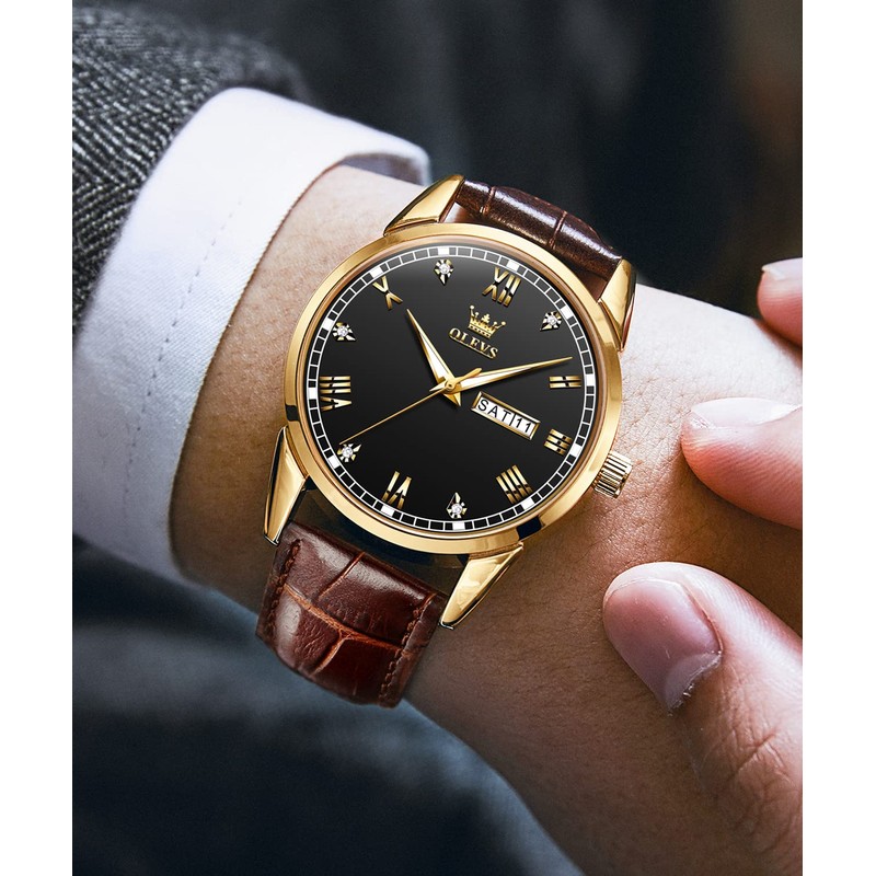 OLEVS Mens Brown Watches,Men Gold Watch Black Face,Mens Wrist Watch