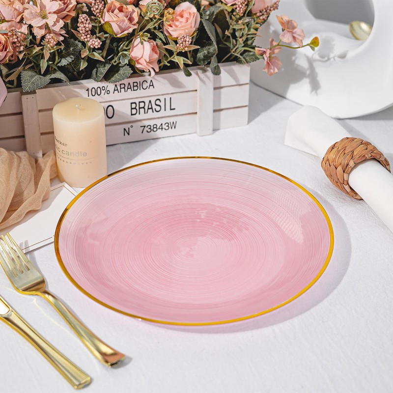 100PCS Transparent Pink Gold Plastic Plates, 10in Dinner Plate
